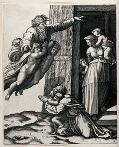 =神、3人の天使に支えられてノアに現れた 作： Raffaello Sanzio Raphael